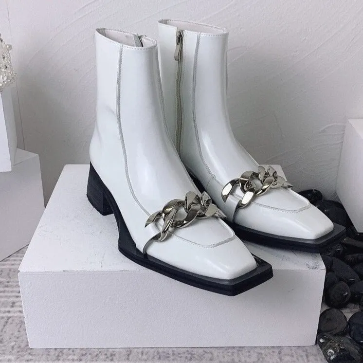 Punk Style Women Leather Square Toe Ankle Boots