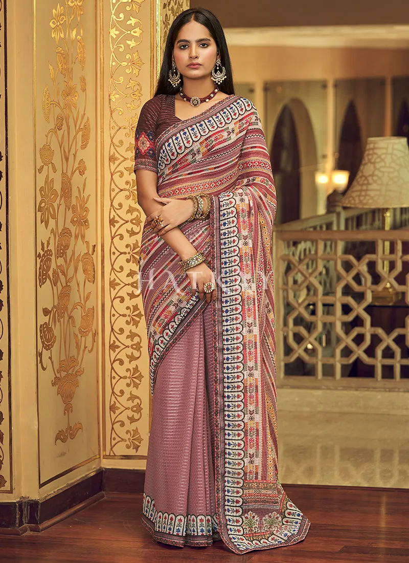 Purple Sequence Printed Georgette Saree