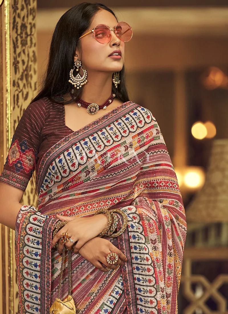 Purple Sequence Printed Georgette Saree