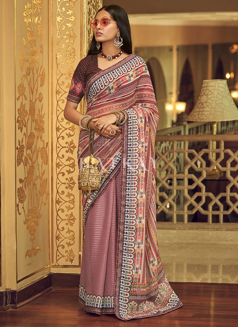 Purple Sequence Printed Georgette Saree