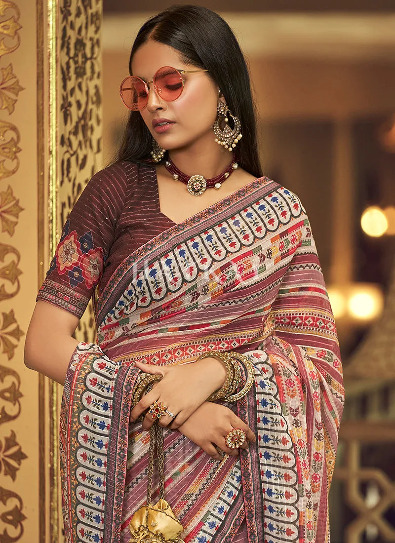 Purple Sequence Printed Georgette Saree