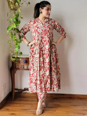 Red Cream Floral Bagru print Naira Cut Suit Set