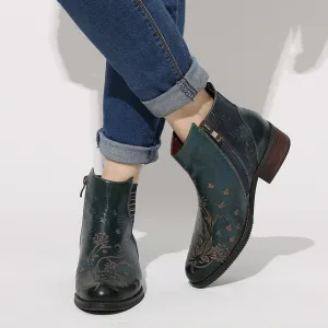 Retro Flower Boots Pattern Stitching Ladies Shoes Genuine Leather Elastic Band Zipper Ankle Boots Boots Women Shoes