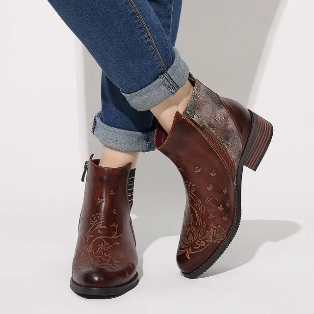 Retro Flower Boots Pattern Stitching Ladies Shoes Genuine Leather Elastic Band Zipper Ankle Boots Boots Women Shoes