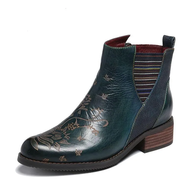 Retro Flower Boots Pattern Stitching Ladies Shoes Genuine Leather Elastic Band Zipper Ankle Boots Boots Women Shoes