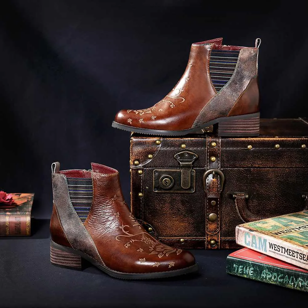Retro Flower Boots Pattern Stitching Ladies Shoes Genuine Leather Elastic Band Zipper Ankle Boots Boots Women Shoes