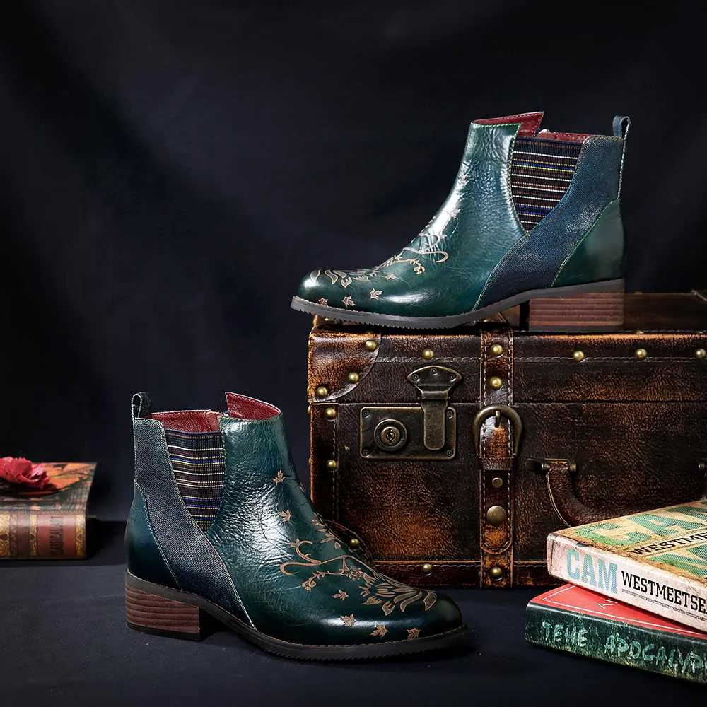 Retro Flower Boots Pattern Stitching Ladies Shoes Genuine Leather Elastic Band Zipper Ankle Boots Boots Women Shoes