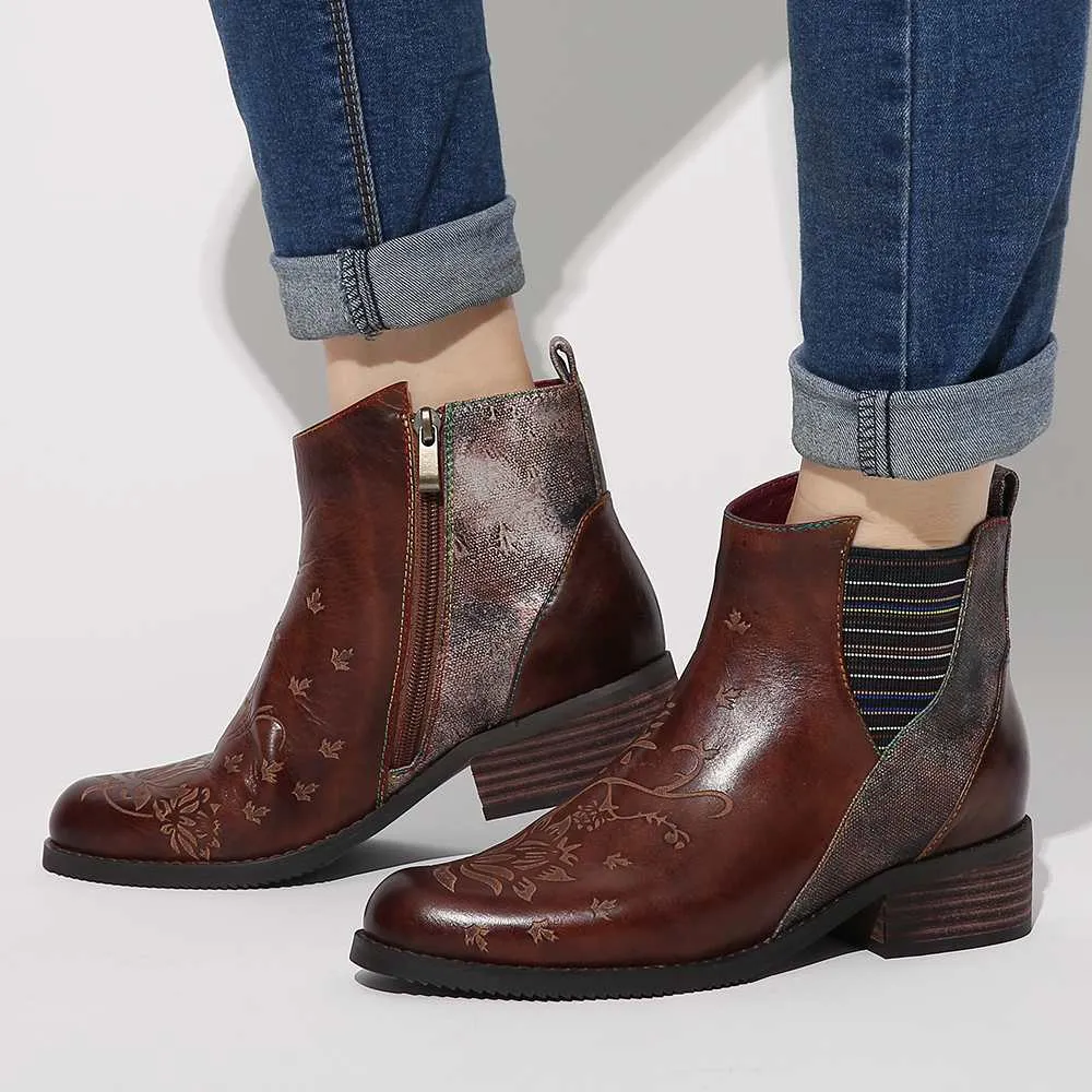 Retro Flower Boots Pattern Stitching Ladies Shoes Genuine Leather Elastic Band Zipper Ankle Boots Boots Women Shoes