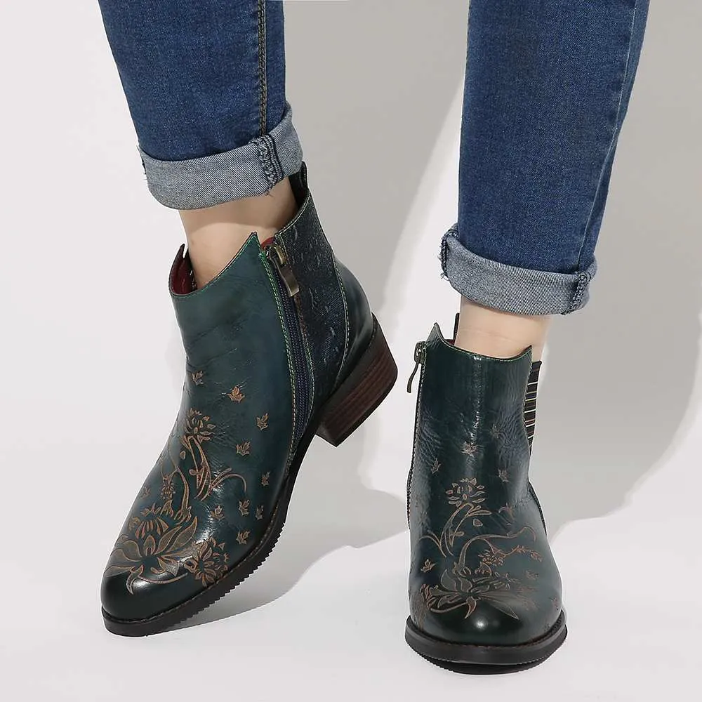 Retro Flower Boots Pattern Stitching Ladies Shoes Genuine Leather Elastic Band Zipper Ankle Boots Boots Women Shoes