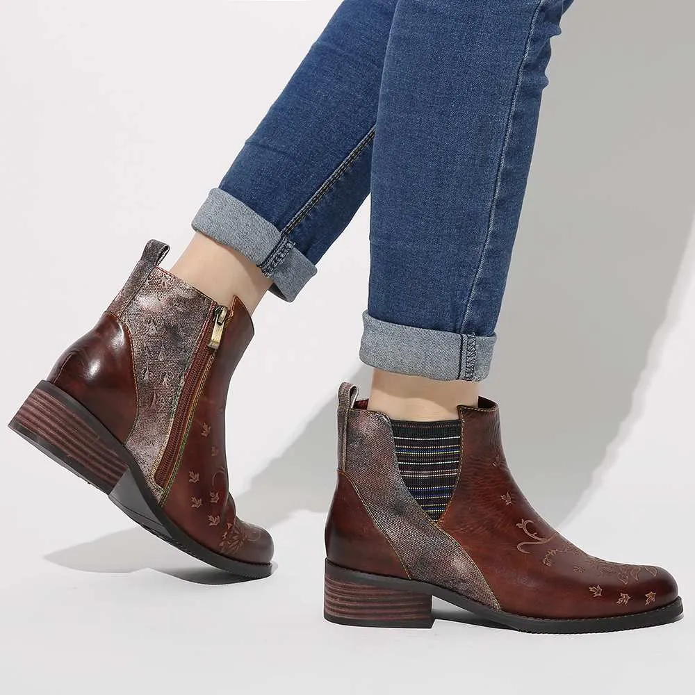 Retro Flower Boots Pattern Stitching Ladies Shoes Genuine Leather Elastic Band Zipper Ankle Boots Boots Women Shoes