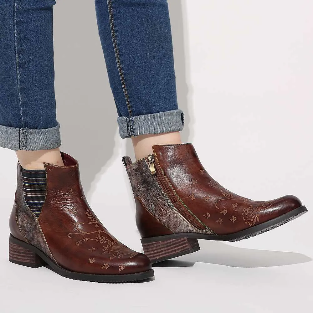 Retro Flower Boots Pattern Stitching Ladies Shoes Genuine Leather Elastic Band Zipper Ankle Boots Boots Women Shoes