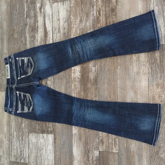 ROCK &amp; ROLL Cowgirl &quot;Rival Low Rise&quot; bootcut denim rodeo jeans 26x32L like new