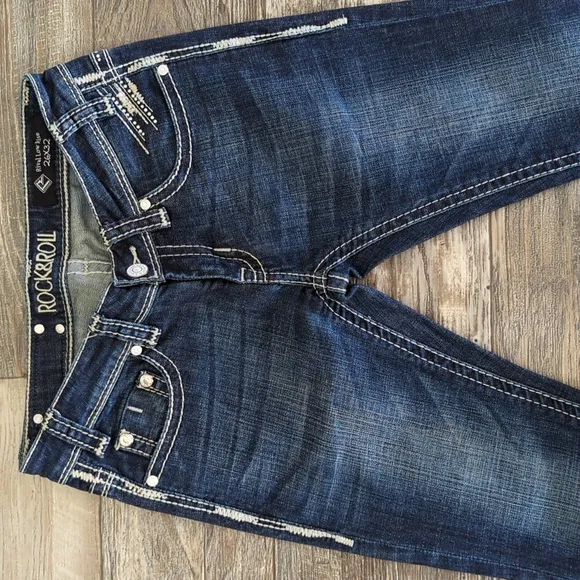 ROCK &amp; ROLL Cowgirl &quot;Rival Low Rise&quot; bootcut denim rodeo jeans 26x32L like new
