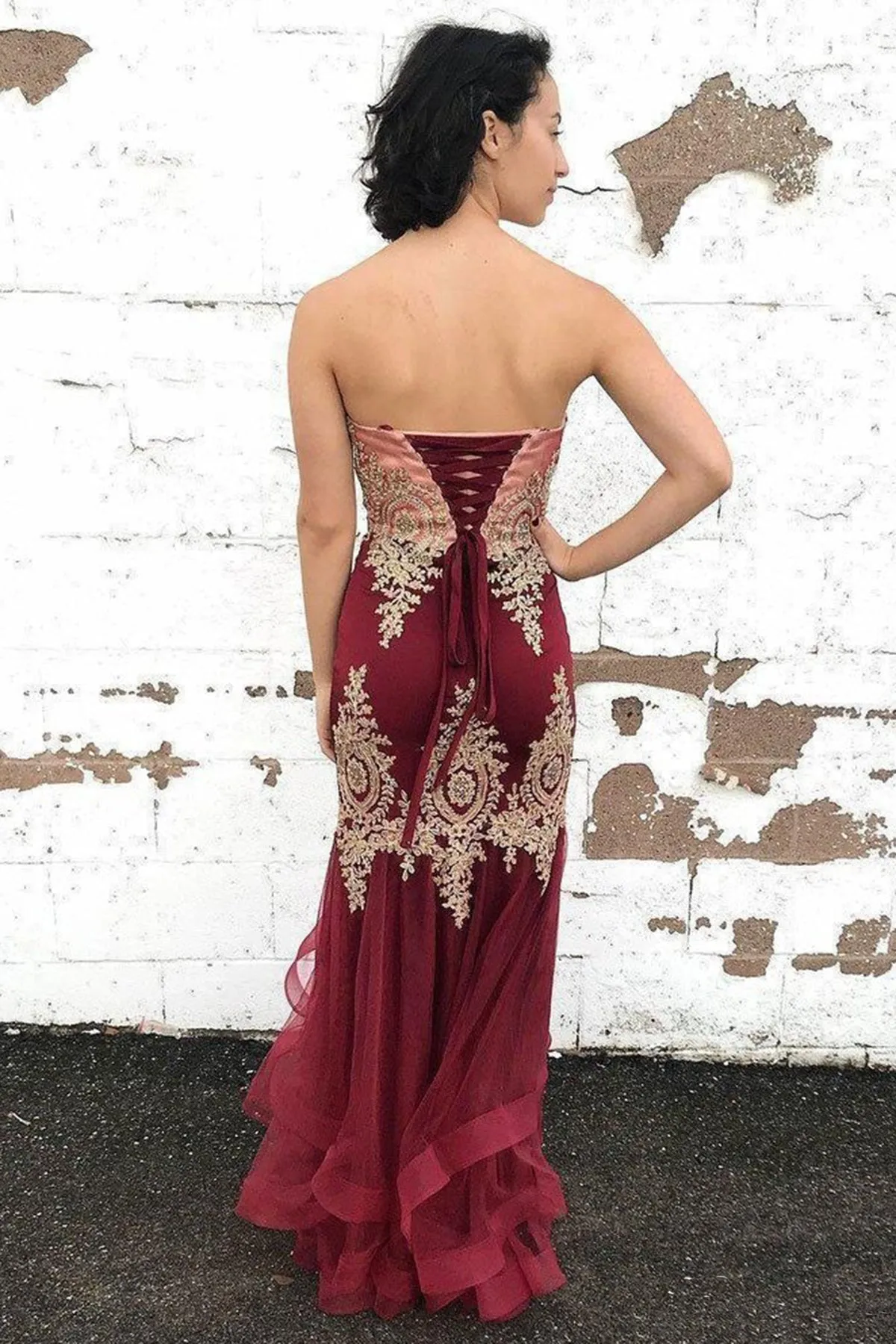 Sexy Burgundy Tulle Strapless Sleeveless Long Lace Up Multi-layered Evening Dress Prom Dresses OHC407