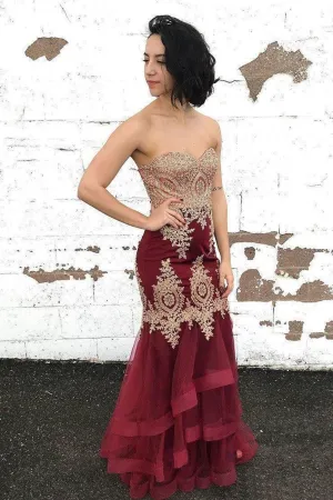 Sexy Burgundy Tulle Strapless Sleeveless Long Lace Up Multi-layered Evening Dress Prom Dresses OHC407