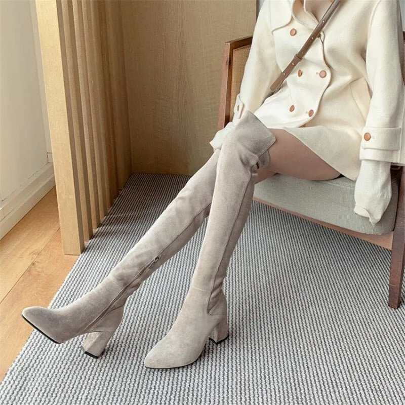 Sexy Slim Fit Elastic Flock Over The Knee Round Head Zipper Boots Women Shoes