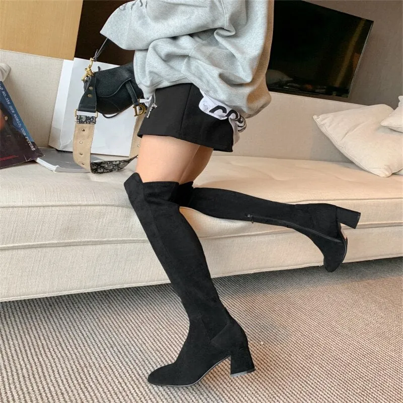 Sexy Slim Fit Elastic Flock Over The Knee Round Head Zipper Boots Women Shoes