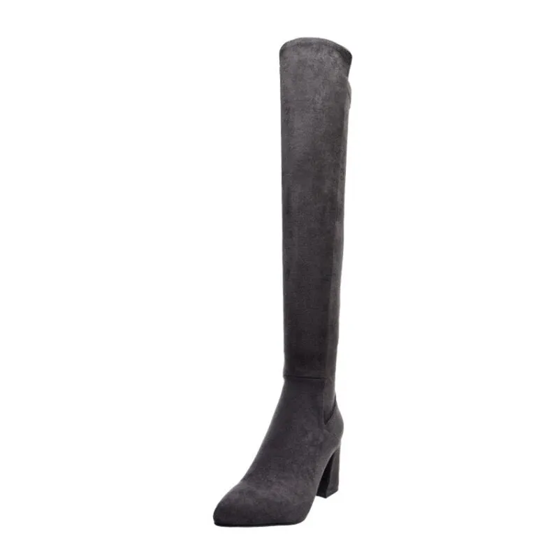 Sexy Slim Fit Elastic Flock Over The Knee Round Head Zipper Boots Women Shoes