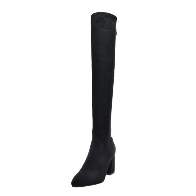 Sexy Slim Fit Elastic Flock Over The Knee Round Head Zipper Boots Women Shoes
