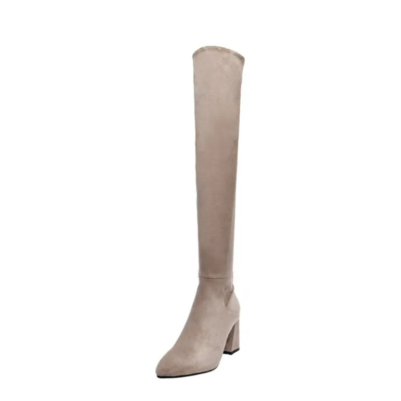 Sexy Slim Fit Elastic Flock Over The Knee Round Head Zipper Boots Women Shoes