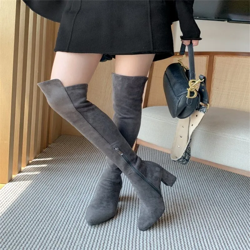 Sexy Slim Fit Elastic Flock Over The Knee Round Head Zipper Boots Women Shoes