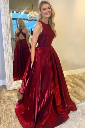 Simple Burgundy Satin Round Neck Floor Length Party Dress Formal Pageant Prom Dress OHC404