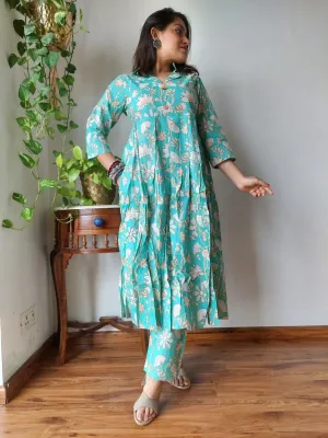 Sky Blue Floral Bagru Print Office Suit Set