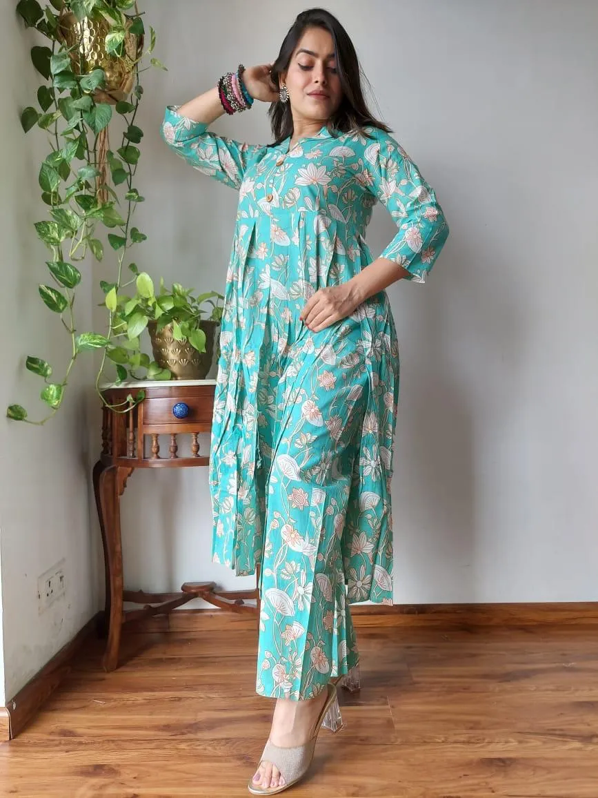 Sky Blue Floral Bagru Print Office Suit Set