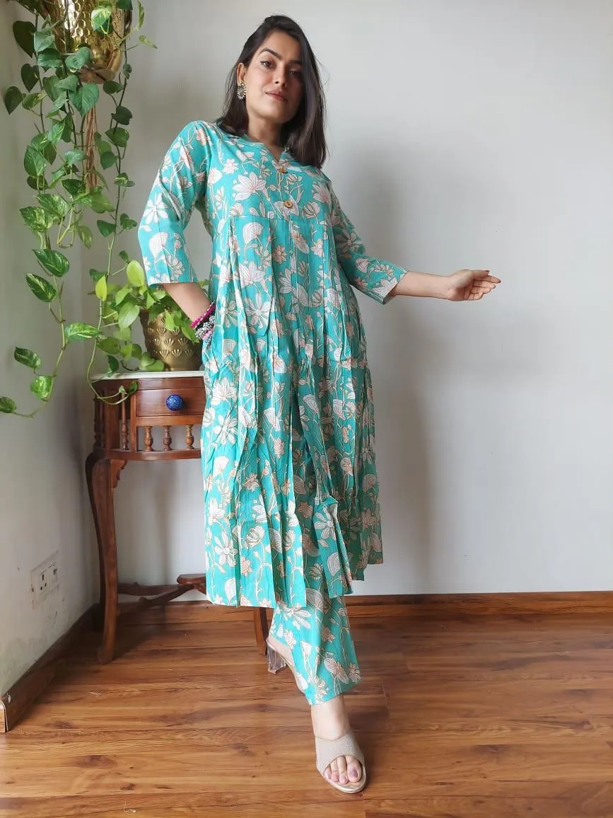 Sky Blue Floral Bagru Print Office Suit Set