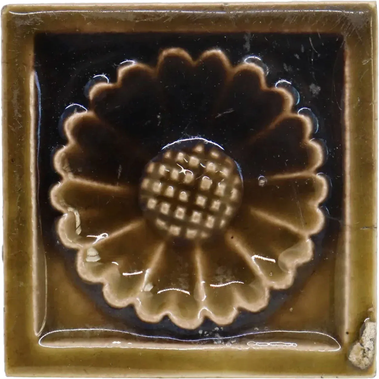 Small American J. & J. G. Low Earthenware Pottery Brown Glaze Sunflower Tile