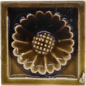 Small American J. & J. G. Low Earthenware Pottery Brown Glaze Sunflower Tile
