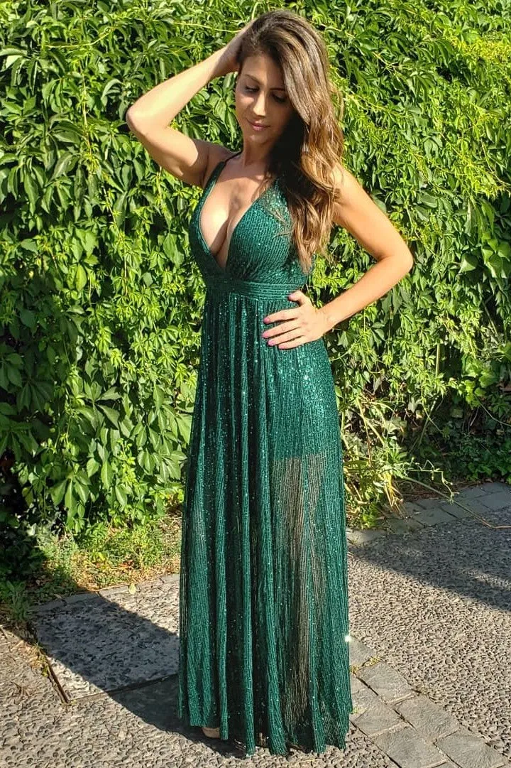 Sparkly A Line V Neck Floor Length Sequins Long Green Prom Dress Evening Dress OHC514
