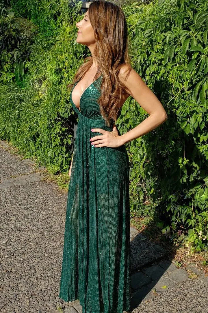 Sparkly A Line V Neck Floor Length Sequins Long Green Prom Dress Evening Dress OHC514