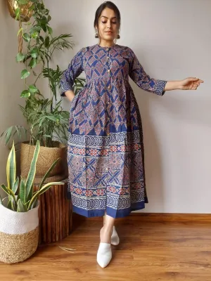 Traditional Blue Bagru Print Cotton Summer One Piece