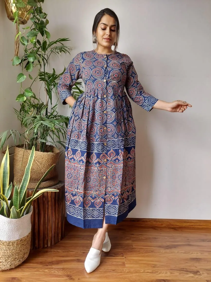 Traditional Blue Bagru Print Cotton Summer One Piece