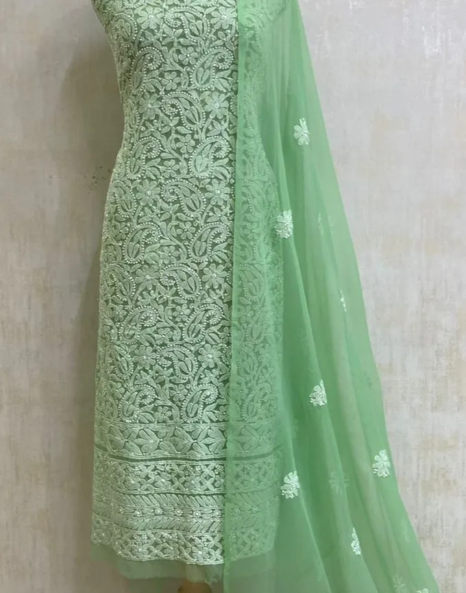 Trending Sage Green Casual Georgette Chikankari unstitched Salwar Kameez Set