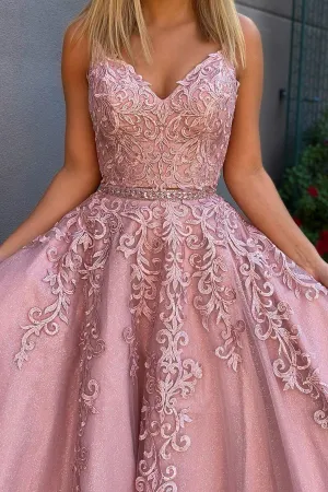Two Piece A Line Spaghetti Straps Pink Yellow Lace Prom Dress Beauty Prom Dresses OHC401