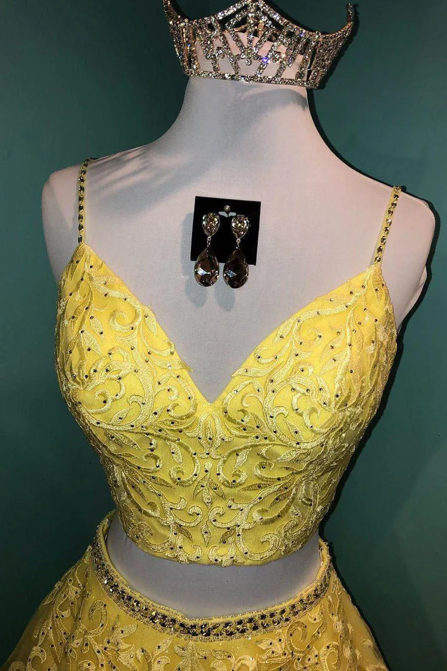 Two Piece A Line Spaghetti Straps Pink Yellow Lace Prom Dress Beauty Prom Dresses OHC401