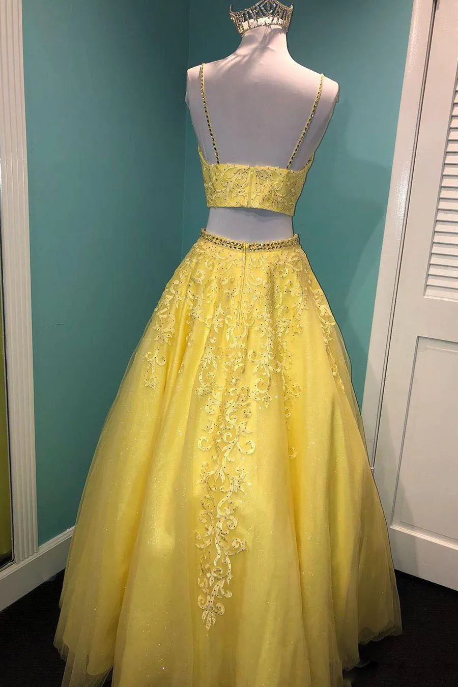 Two Piece A Line Spaghetti Straps Pink Yellow Lace Prom Dress Beauty Prom Dresses OHC401
