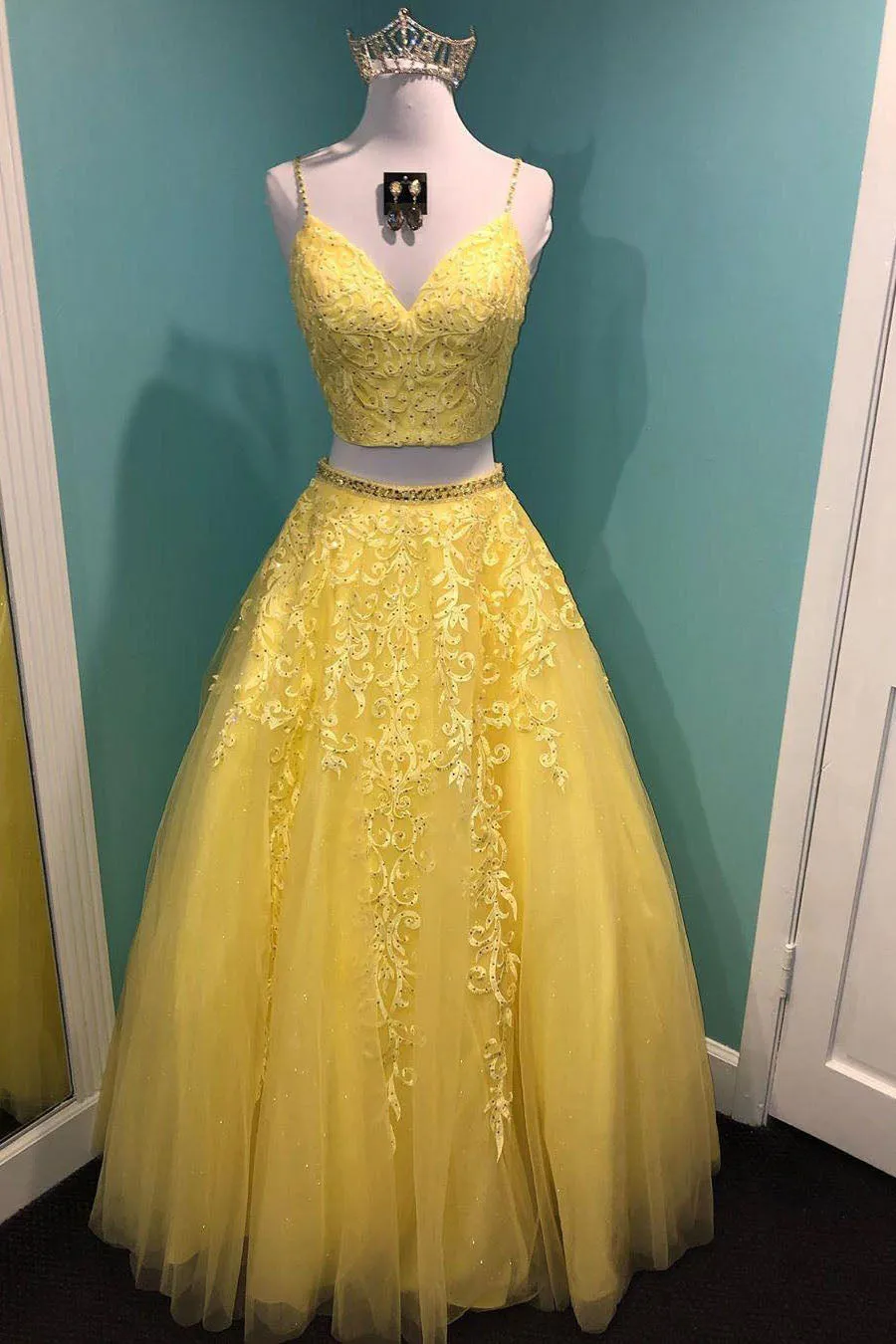 Two Piece A Line Spaghetti Straps Pink Yellow Lace Prom Dress Beauty Prom Dresses OHC401