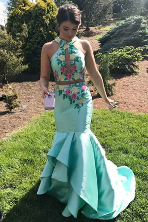 Two Piece Mermaid Jewel Sweep Train Blue Satin Open Back Prom Dress with Appliques Ruffles L016
