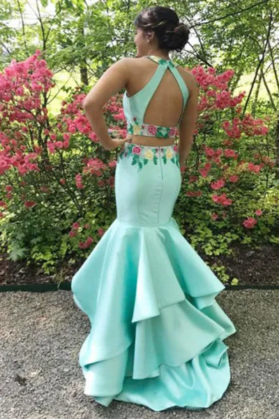 Two Piece Mermaid Jewel Sweep Train Blue Satin Open Back Prom Dress with Appliques Ruffles L016