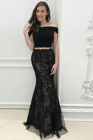 Two Piece Mermaid Off-the-Shoulder Sweep Train Black Tulle Prom Dress with Appliques L033
