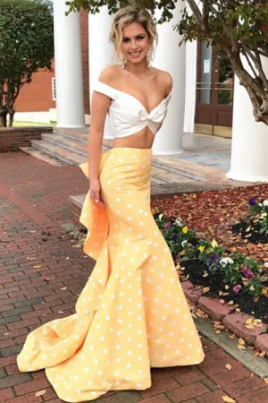 Two Piece Mermaid Off-the-Shoulder Sweep Train Spots Yellow Satin Prom Dress with Ruffles L017