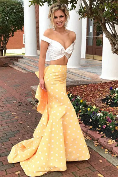 Two Piece Mermaid Off-the-Shoulder Sweep Train Spots Yellow Satin Prom Dress with Ruffles L017