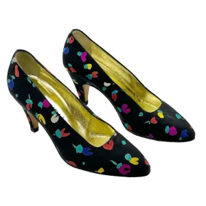 Unique Vintage Escada Mid Heels Pump Satin Cone Heel Black &amp; All Over Color 5.5B