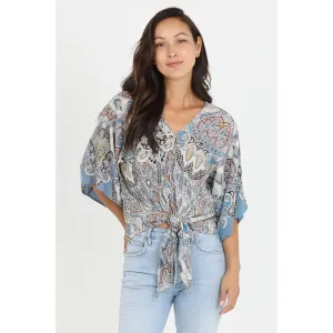 V-Neck Kimono Sleeve Tie Waist Paisley Blouse  Blue