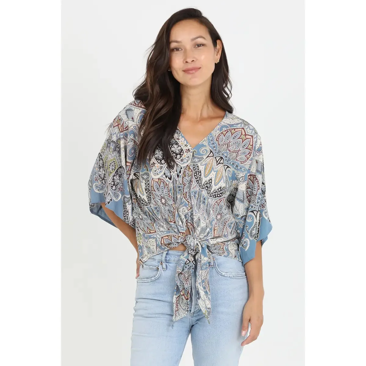 V-Neck Kimono Sleeve Tie Waist Paisley Blouse  Blue