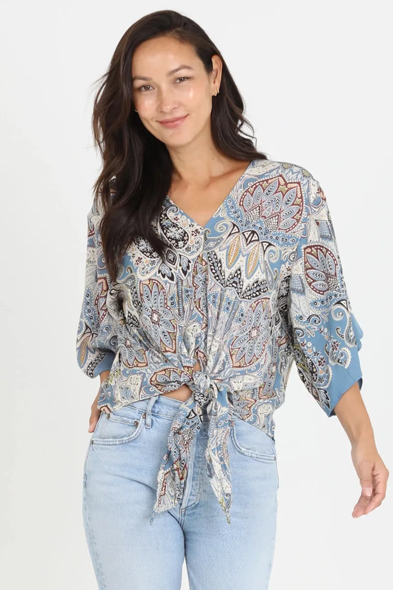 V-Neck Kimono Sleeve Tie Waist Paisley Blouse  Blue