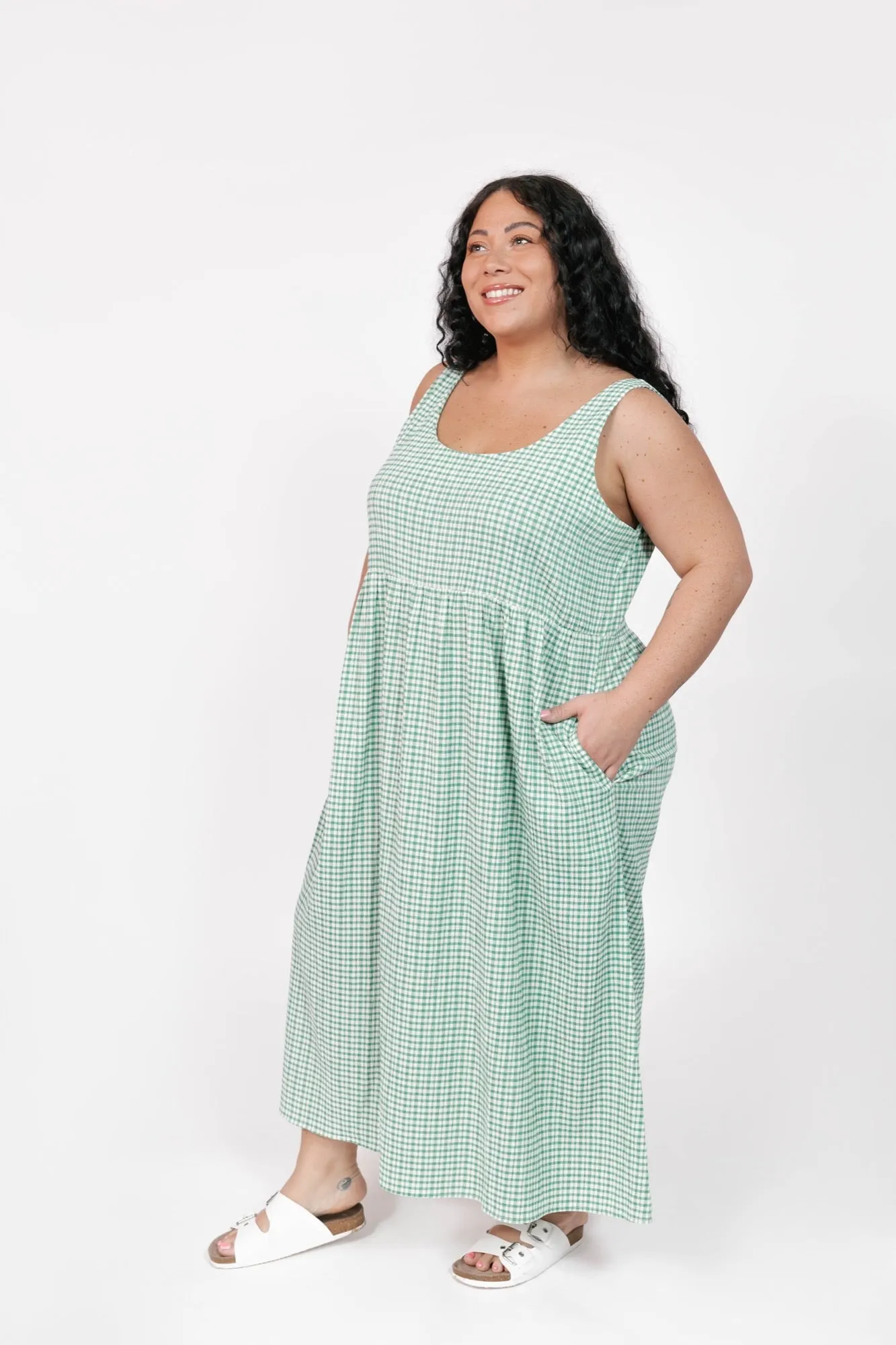 Valentina Midi Dress in Green/White Gingham